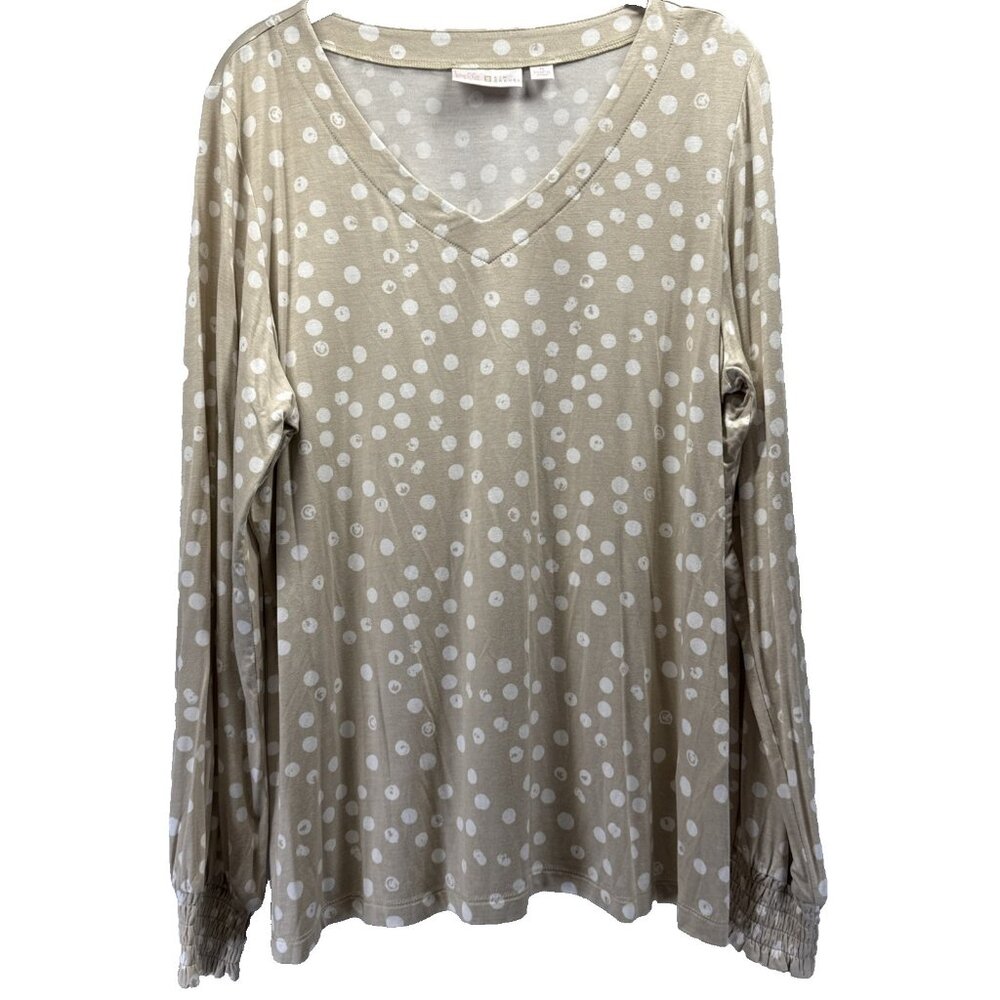 Belle by Kim Gravel Women's Blouse Med Polka Dots White Tan Smocked Cuffs Long S